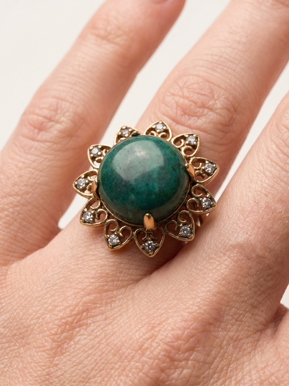 Gold Flower Ring with Green Stone vintage inspired ring size 7/8